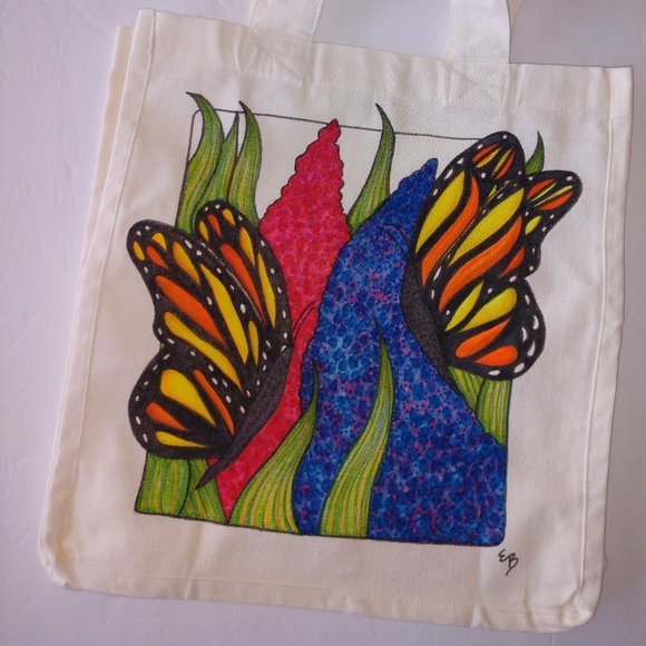 Hand-Painted Butterfly Tote Bag: Floral Art Reusable Canvas Tote 14x13x7 - Picture 2 of 14